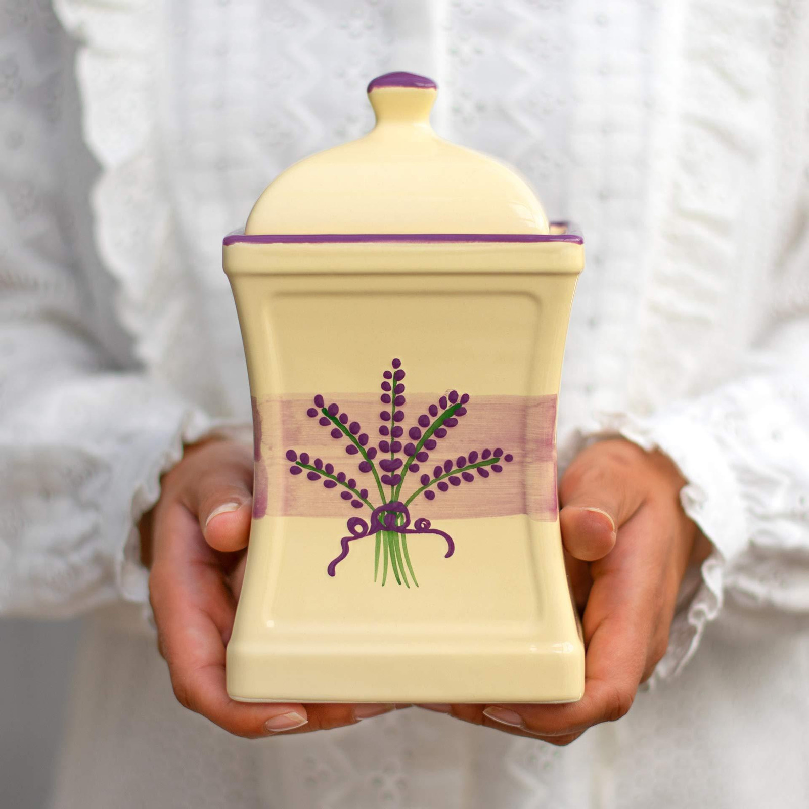 Dripio Keramische voorraadpot met handbeschilderde lavendelmotieven, lila/crème, 900 ml