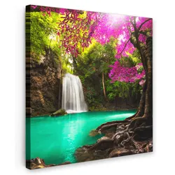 LEINWANDBILD Wasserfall mit bunten Blumen und Bäumen - Natur - Dschungel Deko Wohnzimmer 20x20 cm