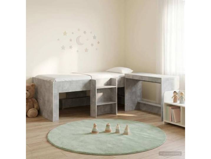 RJPLMFV Hochbett für Kinder mit Schreibtisch, 2-teilig, Betongrau Holzwerkstoff, Lattensockel, kompaktes Design, einfache Montage für kleine Räume