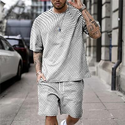 Herren Geometrisch Grafikdrucke 2St T-Shirts-Sets Passende Sets Kurzarm Kurze Hosen Rundhalsausschnitt Sport Designer Lässig Outdoor Urlaub Täglich Frühling Sommer Schwarz Grün Dunkelblau