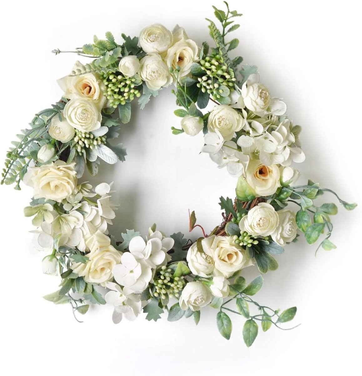 Handgemaakte kunstbloemenkrans met rozen en hortensia voor deurdecoratie, Wit, Diameter: 38 cm