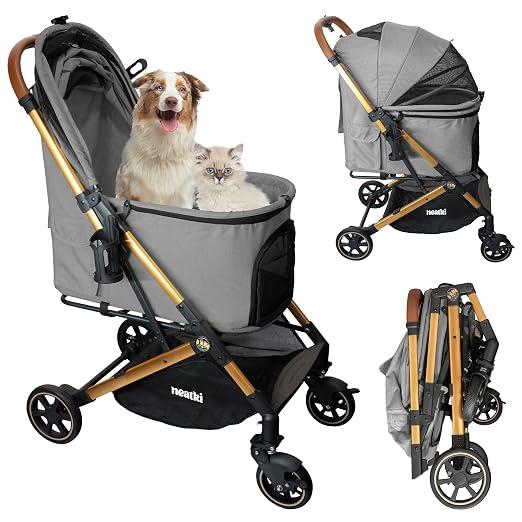 faltbarer Haustier-Kinderwagen für Hunde und Katzen | 15 kg Tragfähigkeit | 360° schwenkbare Vorderräder | Ein-Klick-Faltung | Bremse, Leinen-/Sicherheitsclips | waschbare Polsterung (Grau)