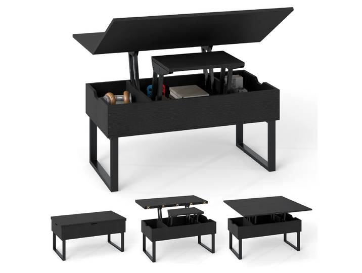 Salontafel met in Hoogte Verstelbaar Tafelblad 3-in-1 Verstelbare Salontafel met 3 Verborgen Vakken Moderne Salontafel en Eettafel-Zwart