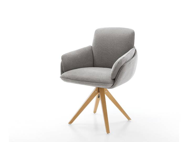 Drehstuhl Luan-Flex mit Armlehnen Strukturstoff Soft Grau Holzgestell kantig Natur 360° drehbar, Esszimmerstühle
