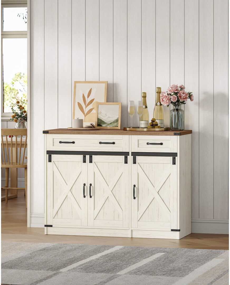 Hzuaneri Sideboard, Kitchen Cabinets, Freestanding Kitchen Cupboard with Drawer, Adjustable Shelf, for Entryway, Living Room, Dining Room Rustic Brown and White 80cm H x 108cm W x 40cm D