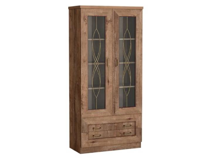 Komodee Vitrine LEIKANGER - Dunkler Eiche - Verzierter Front - Schubladen - 90 x 190 x 44 cm