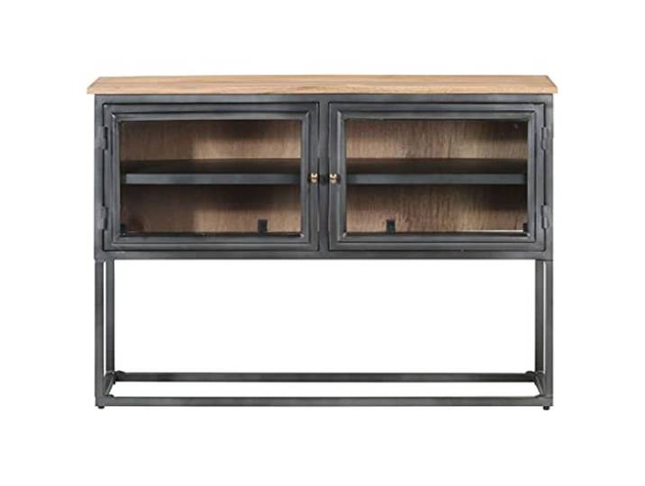 GKMBCVDFR Sideboard Grau 100x30x70 cm Massivholz Akazie 2 Türen, 2 Regalböden, Glastüren, Stahlbeine, Stauraum für Bücher