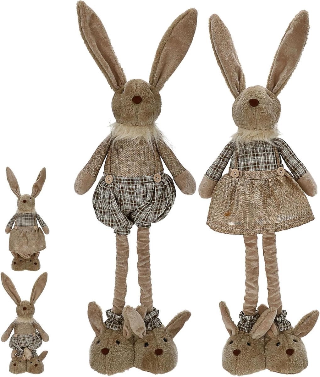 Paashaas paar decoratieve figuren met verstelbare poten in bruintinten, max. 115 cm