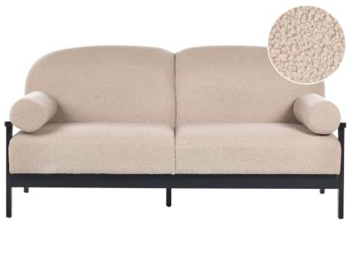 Beliani 3-Sitzer Sofa Beige Bouclé Gepolstert mit 2 Nackenrollen Schmalen Armlehnen Holzgestell Freistehend Klasssisches Polstersofa Teddy Sofa