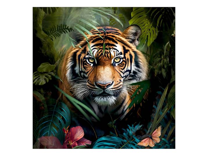 Tableau verre Tiger In The Jungle Verre flotté Vert/Marron/Rouge 50 x 50cm