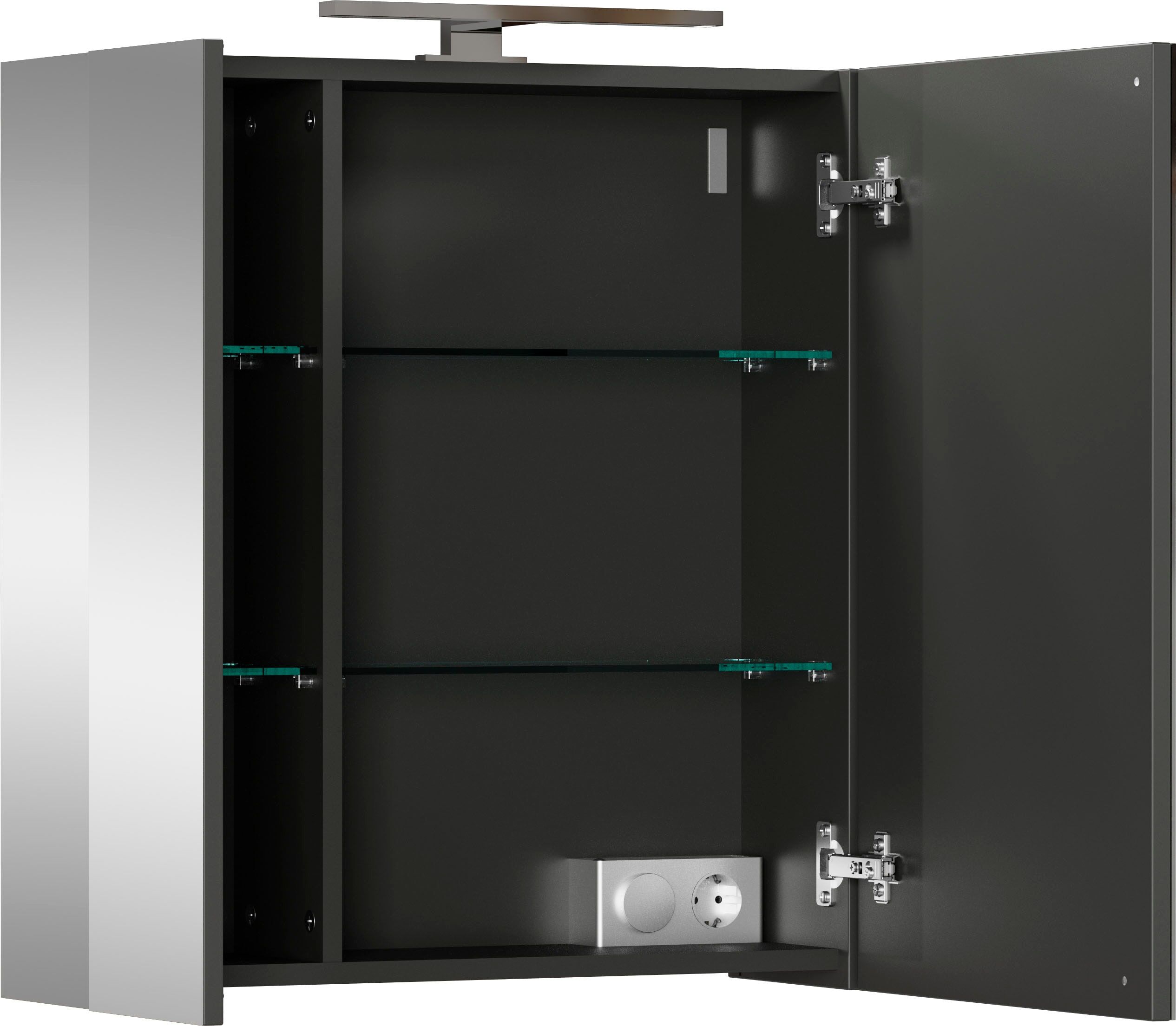 Spiegelschrank GERMANIA "Spiegelschrank", verspiegelt, graphit, B:60cm H:71cm T:23cm, Glas, Holzwerkstoff, Schränke, Spiegelschrank, 2-türiger Spiegelschrank mit LED-Beleuchtung und Steckdose
