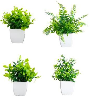 Nearly Natural 6-in Artificial Mixed Botanical Plant in White Square Pot - Set of 4