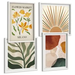 BILDER SET 4er Set - 50x50 cm & 40x60 cm Weißer Rahmen - Abstrakte Blumenmotive