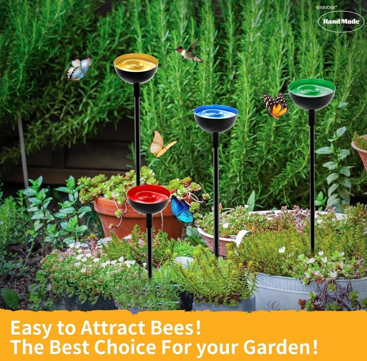 INF Mehrfarbige Metall-Bienenwasserstelle – Zwei-in-einem Bienen-Tränke- und Schmetterlingsstation mit Gartenstecker, 65cm Länge