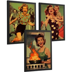 POSTER 3er Bilder-Set Wandbilder Retro Pin-up modern Wohnzimmer Deko, Schlafzimmer, Küche, Badezimmer Schwarzer Rahmen A4