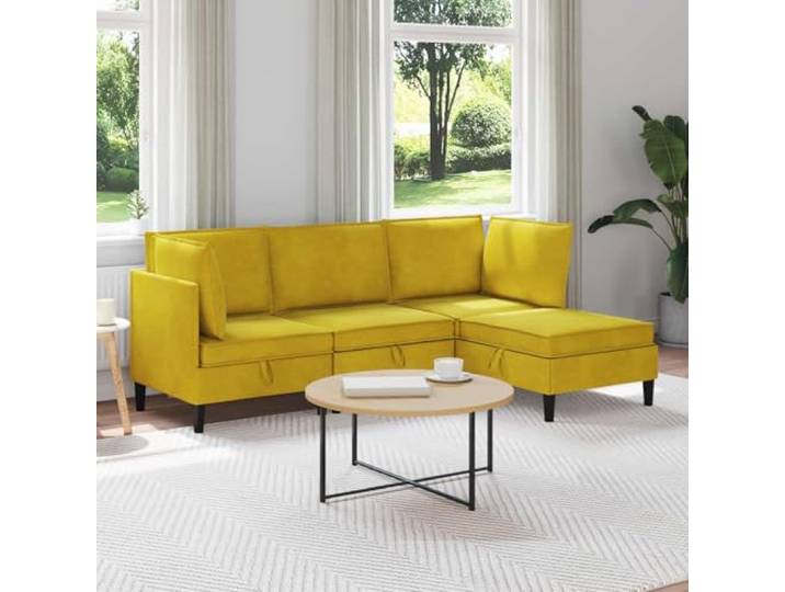 HKQWPBF Wohnzimmergarnitur 4 STK Gelb Samt mit Sperrholz und Boxkissen 4-teilige Sitzgruppe, weicher Samtbezug, Boxkissen-Design, pflegeleichte Oberfläche