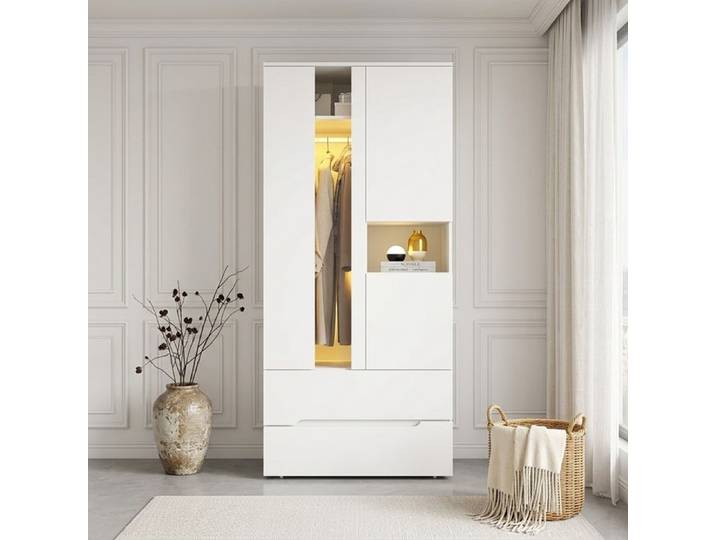 Armoire Chambre avec LED Armoire avec 1 tringle à vêtements 3 portes 2 tiroirs et 6 compartiments de rangement 90x50x200cm Blanc