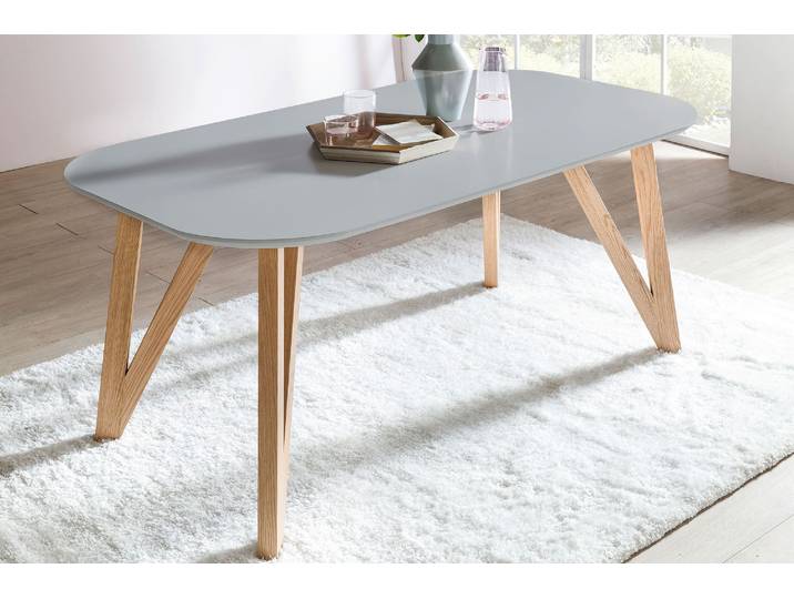 Esstisch SALESFEVER Solna - Stilvoller Tisch für Ihr Zuhause , grau (grau, natur, grau), B:180cm H:76cm T:90cm, Tische, Esstisch, Massive Eichen-Haarnadelbeine: Natürliches Design-Statement