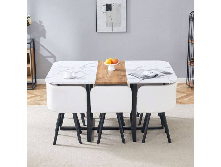 WOVREO Ensemble table à manger extensible avec 6 chaises 4 à 6 personnes MDF métal PU blanc noir bois naturel
