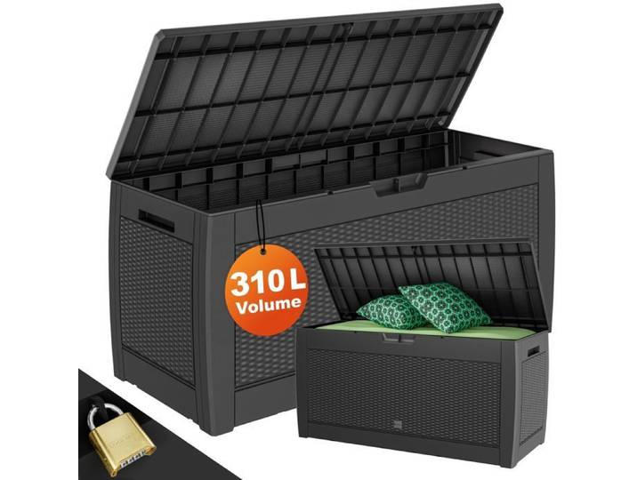 Coffre de Rangement CASARIA Anthracite 310L - 119x48x60 cm Roulettes et Poignées Intégrées Malle de Rangement Extérieur