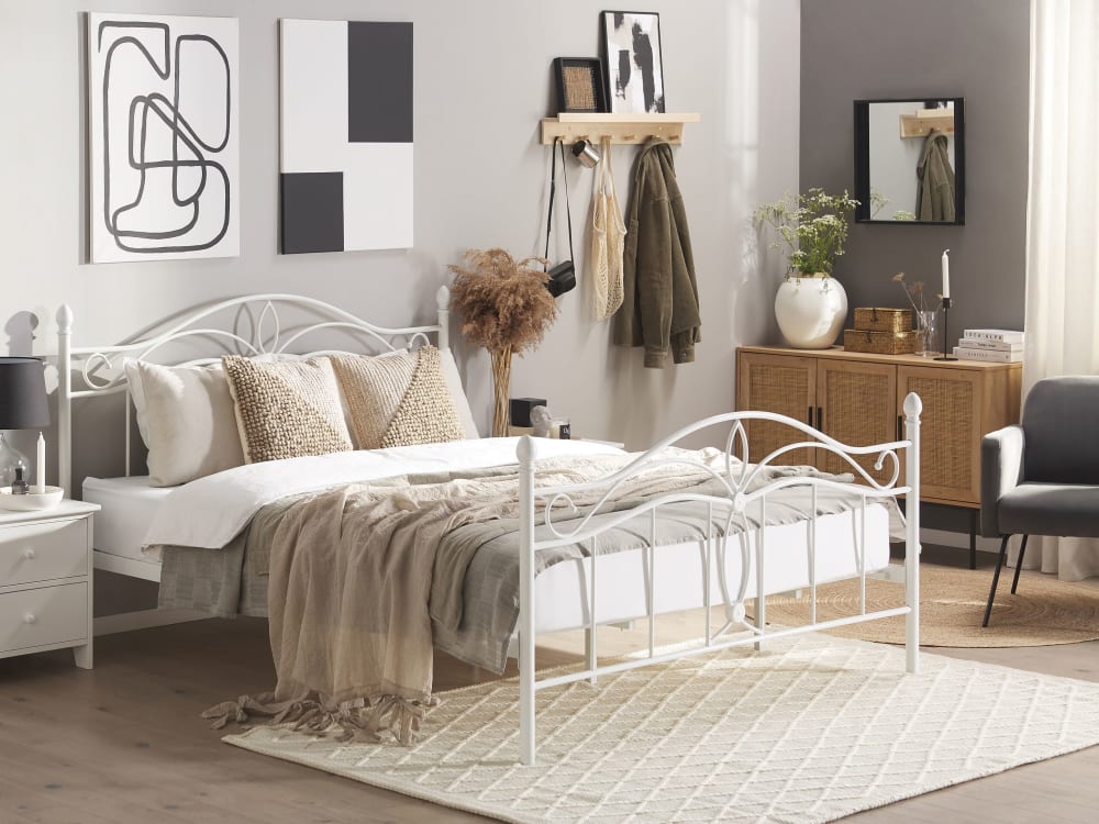 Beliani Lit double en métal blanc 180x200 Blanc 209x108x188cm