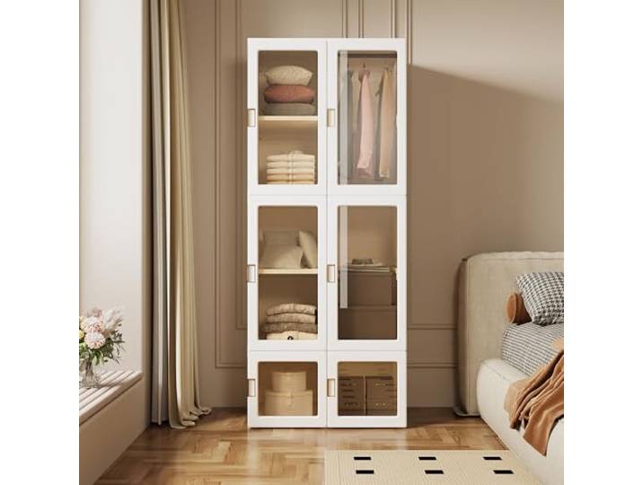 Zusammenklappbarer Kleiderschrank, Faltbarer Kleiderschrank mit Kleiderstange und Magnettüren, Transparente Türplatte, Schrank 170x69x50 cm für Schlafzimmer und Wohnzimmer, Weiß, schnelle Montage