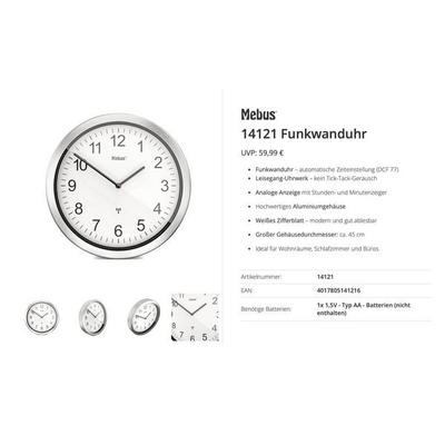 Mebus 14121 Funk Funkuhr 45 cm Aluminium Leisegang-Uhrwerk