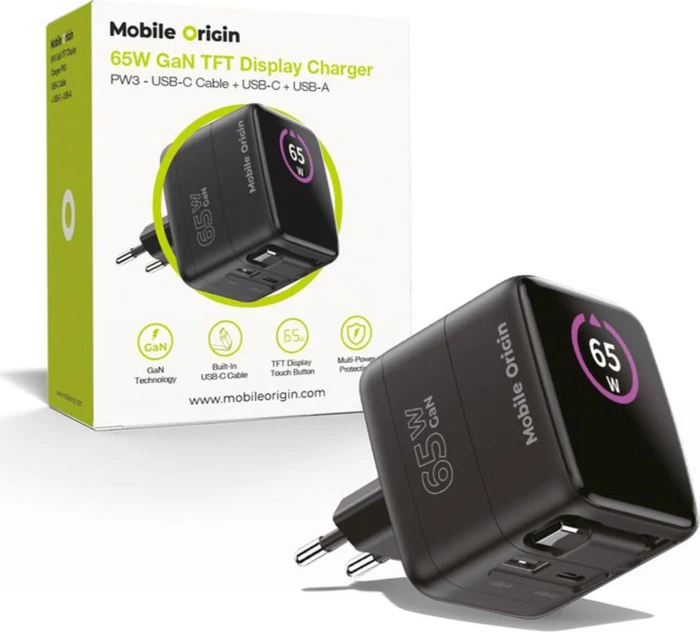 Mobile Origin 65W GaN Display Charger PW3 - USB-C Cable + USB-C + USB-A