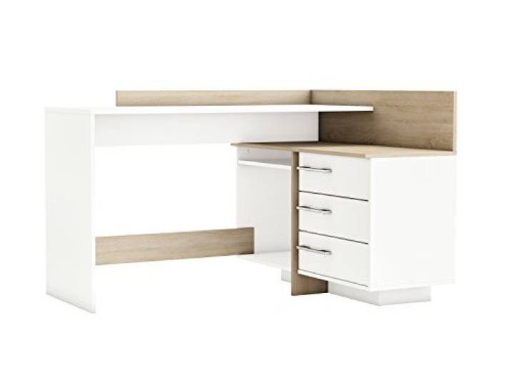 Demeyere Bureau d’Angle Droit ou Gauche Thales Avec Rangement - 3 Tiroirs – Chêne Brossé - Robuste et Fonctionnel - L 128,5 x P 105,7 x H 83,2 cm, Gebürstete Eiche/Mattweiß