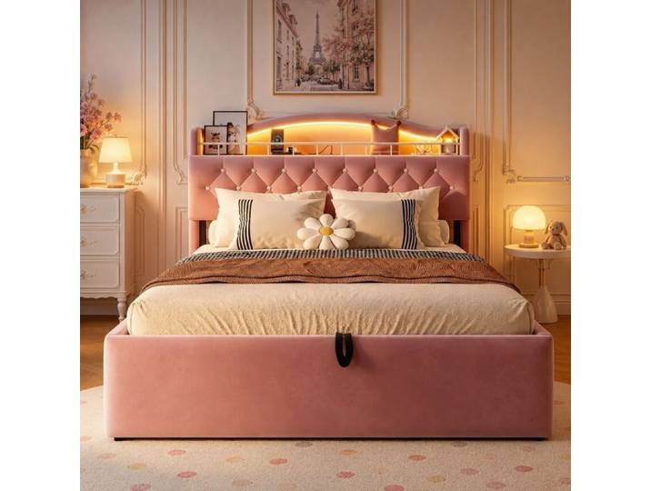 Lit 2 Personne 140x200 cm avec rangement Lit coffre avec LED Lit capitonne avec sommier a lattes Lit adulte Velours Rose