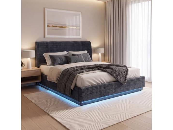[en.casa] Polsterbett 160x200 cm Tröstiar Leinen Blau Doppelbett mit LED-Beleuchtung, Bettgestell 160x200, Stauraum, Gepolstertes Kopfteil, Bettkasten, aufklappbarer Lattenrost