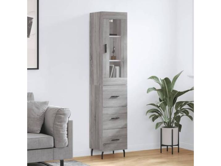 RJPLMFV Anrichte hoch, grau, 34,5 x 34 x 180 cm, Holz, Technik Füße aus Metall, schmaler Aufbewahrungsschrank, praktische Tür, Wandbefestigung inklusive