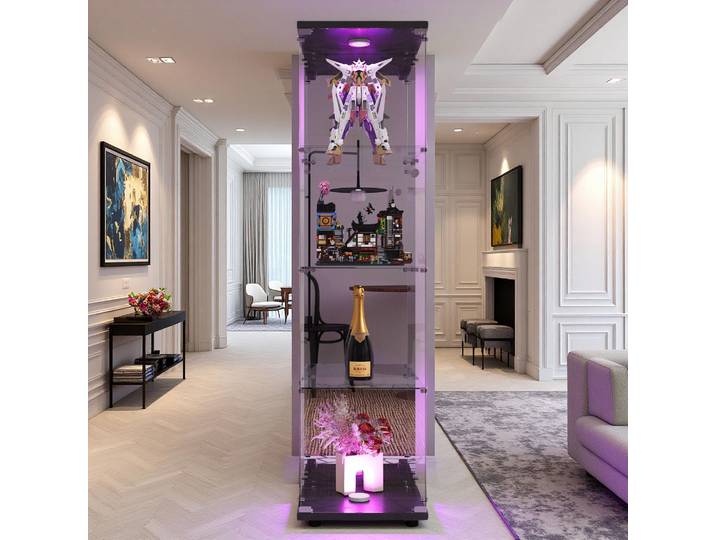 Vitrine en Verre Miroir Vitrine avec LED avec 4 étagères 1 porte Meuble Vitrine Verre Armoire en verre trempé et bois Noir