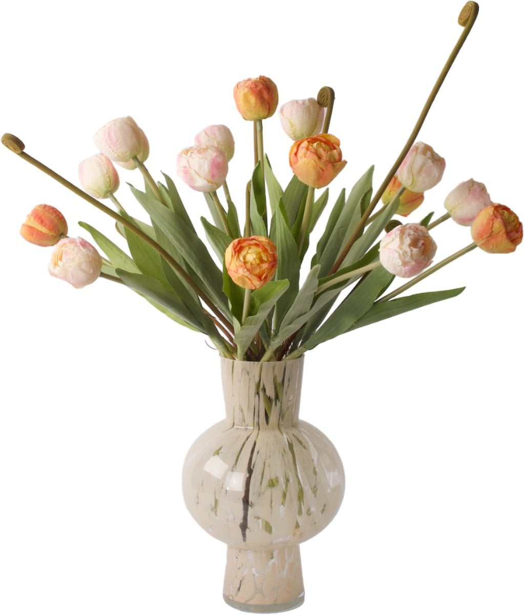 WinQ Kunsttulpen Boeket Roze en Oranje met Groen - 14 Zijden Tulpen - 42 cm