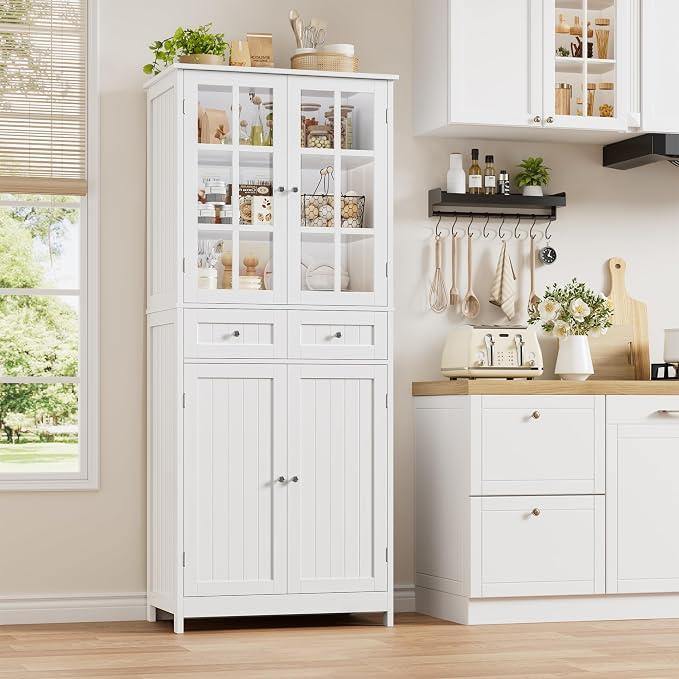 Küchenschrank, 180 cm Buffetschrank mit 2 Glastüren, Hochschrank mit 4 Türen und 2 Schubladen, Vorratsschrank Küche für Esszimmer, Wohnzimmer, Badezimmer, Weiß