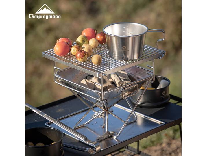 CAMPINGMOON poêle à bois en acier inoxydable pliable Portable Camping foyer gril extérieur feu de joie BBQ support