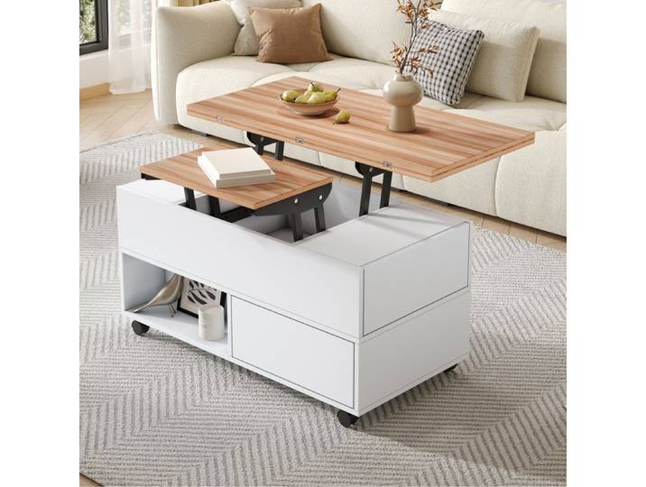 Table basse - TRUXEN8 - 100x50x52cm - 4 roulettes - 4 tiroirs - Blanc+Chêne