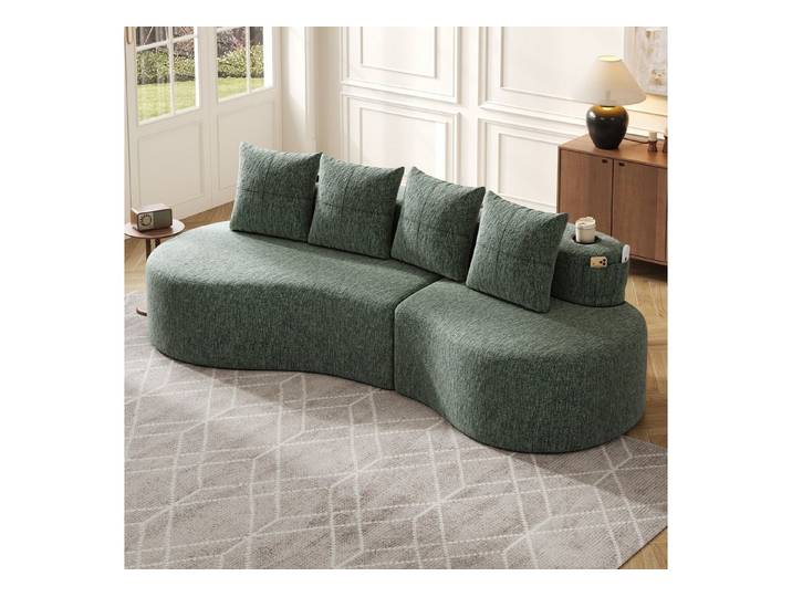 OKWISH Sofa Loungesofa, Leinenstoff-Sofa mit 4 Kissen, Hochdichtschaum und Federfüllung, Seitentasche & Tassenhalter