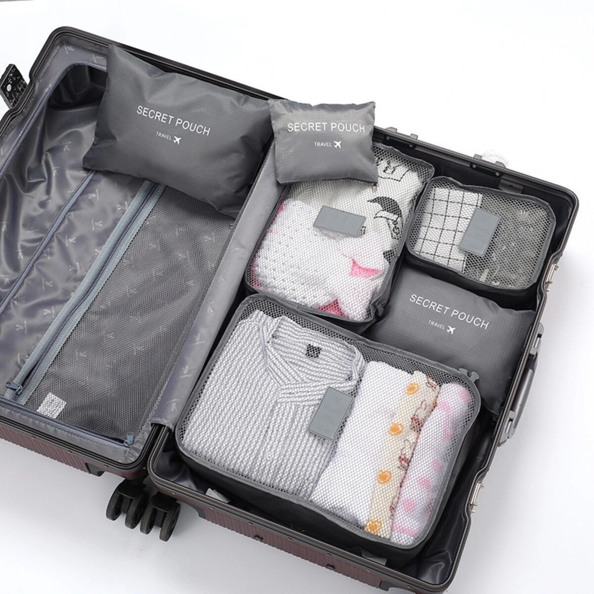 INF Reise-Packwürfel 6-teilig — Leichte, wasserfeste Polyester-Packwürfel für Kleidung, Toilettenartikel und Schuhe Grau