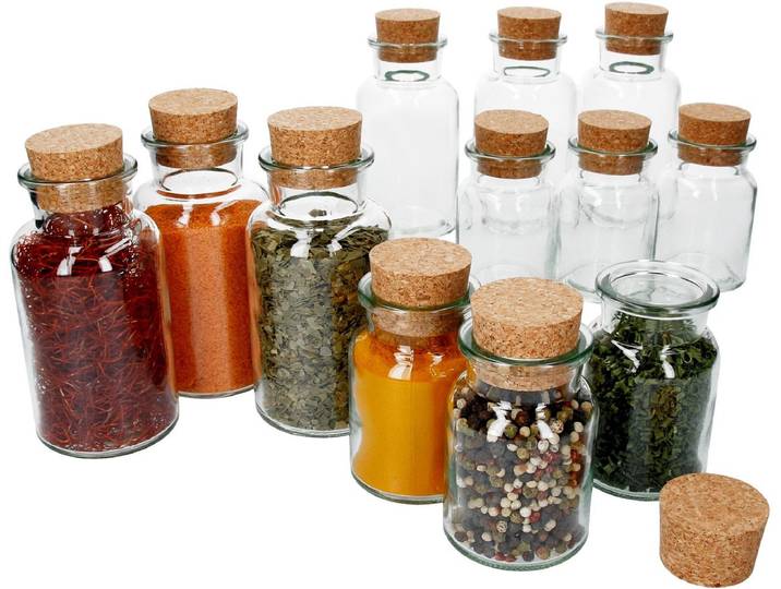 Set van 12 kruidenpotjes 6x 300ml + 6x 150ml + kurk\, opslag voor thee\, kruiden & specerijen