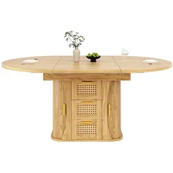 Merax Ausziehbarer Esstisch mit Rattan-Schubladen, runder Esstisch, MDF-Holzoptik, 118-158 x 118 x 77 cm, Helles Eichen-Dekor