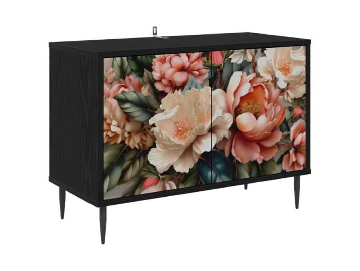 KGFHERENB TV-Schrank 69x33x50,5 cm Lowboard Schwarz Eichen-Optik Kompaktes Lowboard mit Muster-Fronten für Wohnzimmer und Schlafzimmer, 2 Türen für ordentliche Medienaufbewahrung.