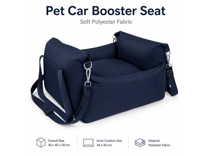 Siège rehausseur pour voiture pour petits chiens Tissu en polyester bleu foncé Coussin amovible et sangles de sécurité Lit de voyage confortable