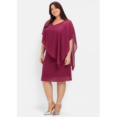 Cocktailkleid SHEEGO "Cocktailkleid", Damen, Gr. 48, Normalgrößen, lila (himbeere), 100% Polyester, unifarben, knielang, V-Ausschnitt, Kleider
