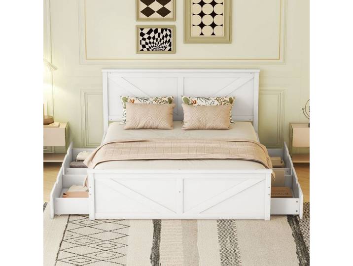 Lit plateforme bois 160x200 cm avec 4 tiroirs de rangement design simple blanc