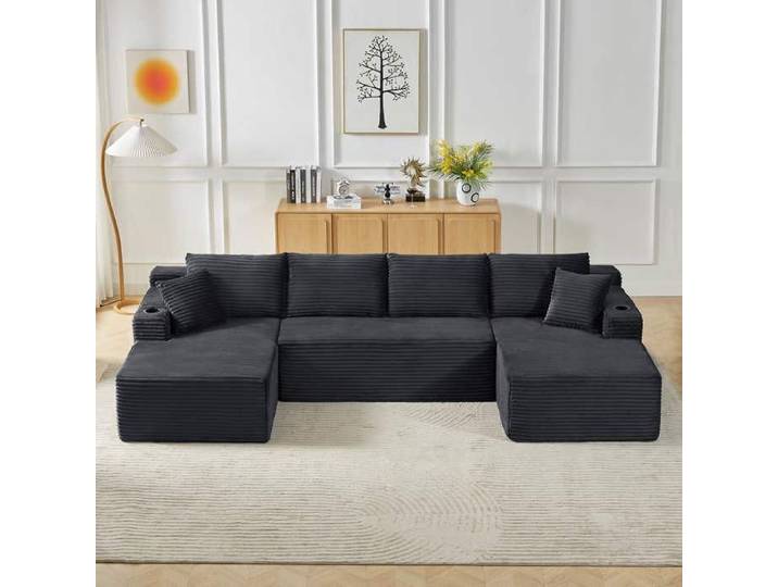 Canapé U en velours côtelé design modulaire avec poches rangement & porte-gobelets 6 places canapé en tissu moderne gris foncé