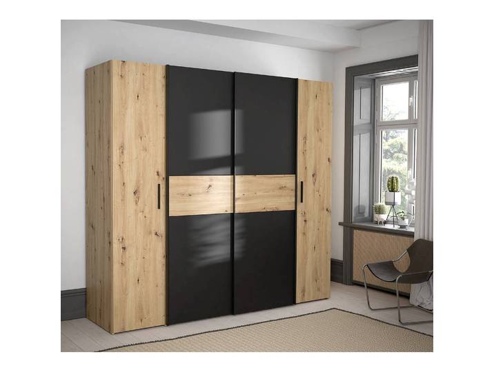 Schwebetürenschrank Lucan 200 x 191 x 61cm Schwarz/Braun/Eiche Artisan Dekor/Schwarz