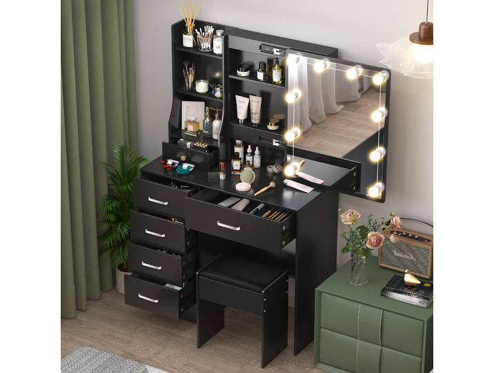 Ensemble de coiffeuse et tabouret Teousev noir moderne avec miroir coulissant LED, 6 tiroirs, 3 couleurs réglables, montage facile, bureau de maquillage pour chambre à coucher