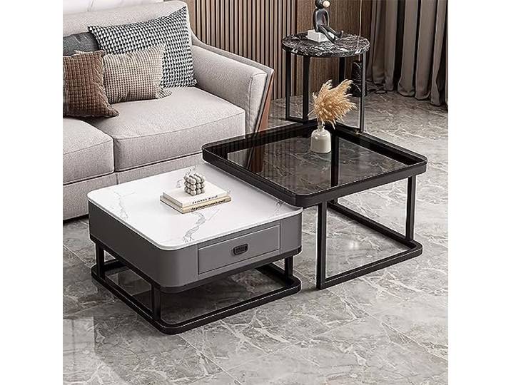 Couchtisch Gold 2er-Set Couchtisch aus Glas mit Metallrahmen Couchtische für Wohnzimmer Quadratischer Couchtisch mit Stauraum Modernes Design Zuhause Einfache Montage für Wohnzimmer Büro (Fa