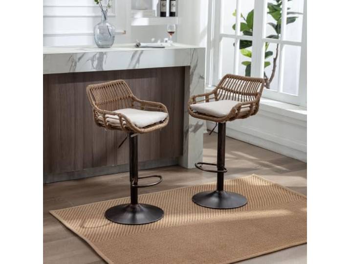 RAPRAP Höhenverstellbare Barhocker 2Er Set mit Fußstütze, 360 Grad Drehbare Modern Rattan Bar Stool für Küchen, Esszimmer und Bars, Belastbar Bis 150kg